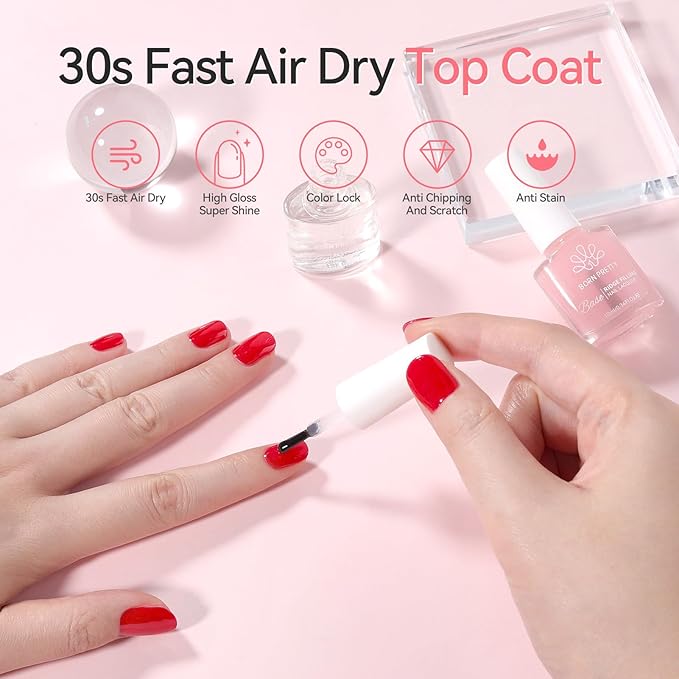 Born Pretty Clear Nail Polish Base and Top Coat Set 2 PCS High Shine Glossy Finish Quick-Dry No U V Needed Low Odor Natural Compatible with Nail Lacquer DIY Salon 0.34 fl oz Each