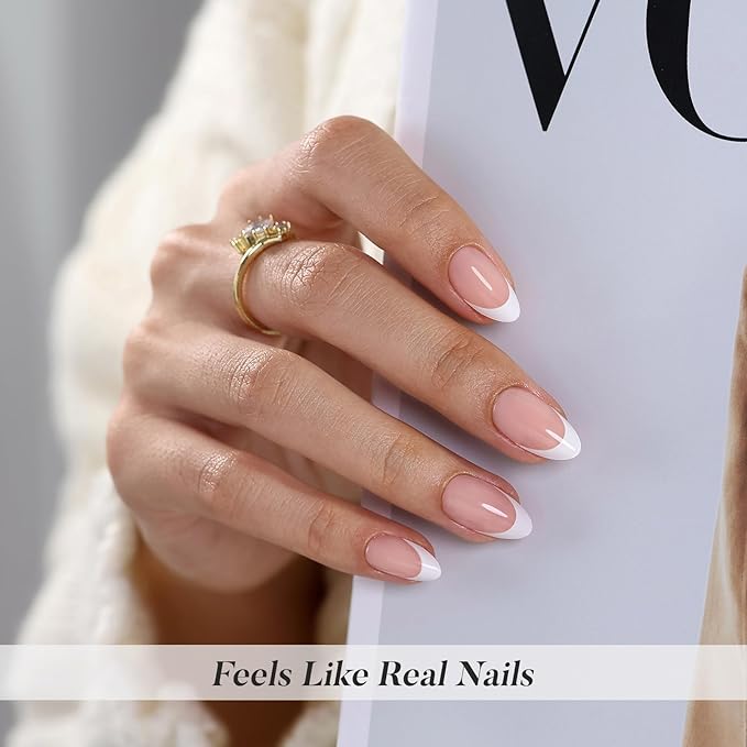White French Tip Press on Nails Short - SHANGMENG Soft Gel Almond Nails for Women Gift, Fit Perfectly & Natural Glue on Nails in 16 Sizes - 32 Reusable Fake Nails with Glue, French White