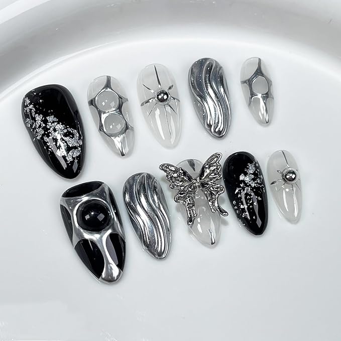 Black Press on Nails Medium Almond Fake Nails with 3D Metal Butterfly Irregular Silver Design Handmade Muti-Layer Gel False Nails Sequin Full Cover Artificial Nails Stick on Nail for Women (S)