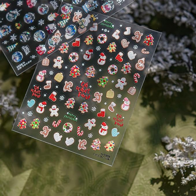 Christmas Nail Stickers Gingerbread Man Nail Art Stickers Xmas Crystal Ball Nail Decals with Design 5D Embossed Self Adhesive Nails Charms for Women Girls Manicure Decoration Accessories 2 Sheets