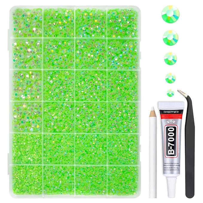 Peridot AB Resin Rhinestones w B7000 Jewelry Glue for Bedazzling Crafting 2mm-6mm Neon Green Flatback Jelly Stones Diamonds Gems Bedazzler Kit for Nails Face Eyes Makeup Tumblers Bottles Crafts