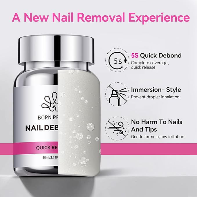 BORN PRETTY 80ML Nail Glue Remover for Press on Nails, 5s Quick Remover Fake Nails with Cuticle Pusher, Easy Remover for Acrylic Tips Nail Glue Fast Acting Adhesive Debonder Acetone-Free