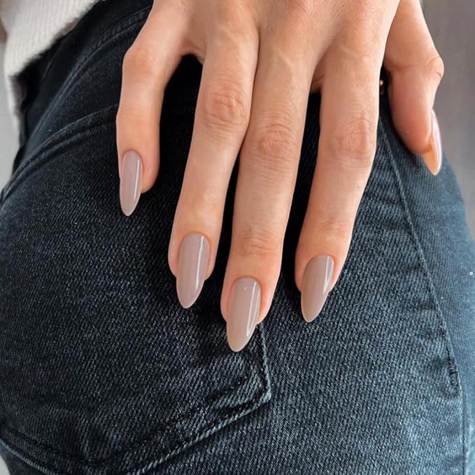 Khaki Press on Nails Almond Shaped Medium Length - Neutral Acrylic Reusable Fake Nails for Women Girls, Glue on Stiletto False Nails Soft Gel Artificial