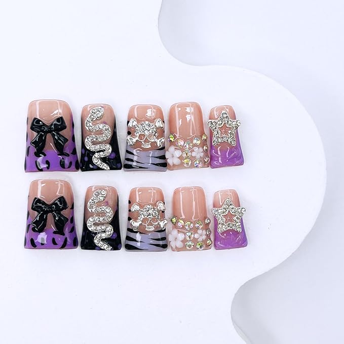 10 Pcs Handmade Press on Nails Duck 3D Luxury Rhinestone False Nails with Bow Stars Design Full Cover Thick French Tip Fake Nails Acrylic Reusable Stick on Nails for Women Grils DIY Decoration（Size M）
