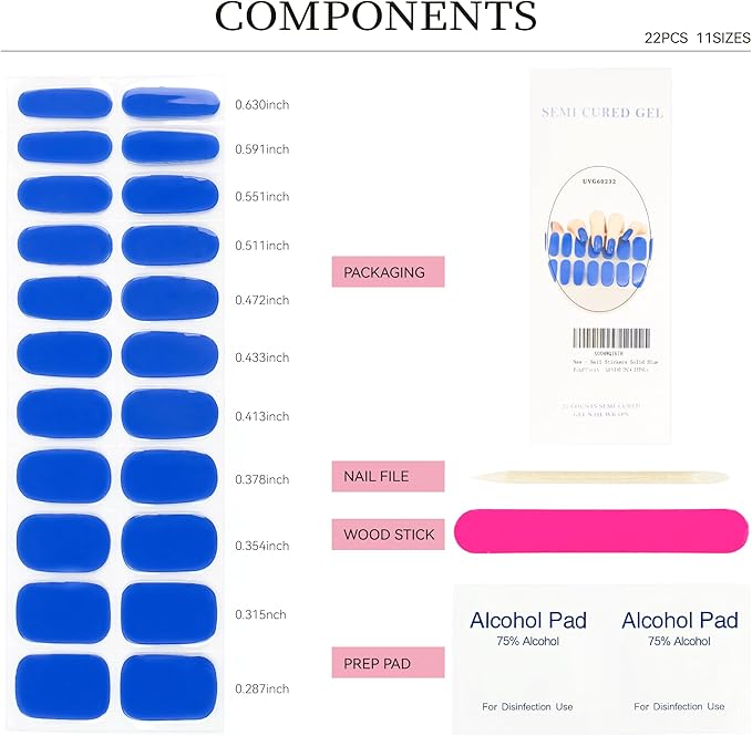 Semi Cured Gel Nail Strips Blue Solid Gel Nail Stickers with UV/LED Required Long Lasting Gel Nail Stickers Includes 22 Strips 2 Prep Pads, Nail File & Wooden Stick