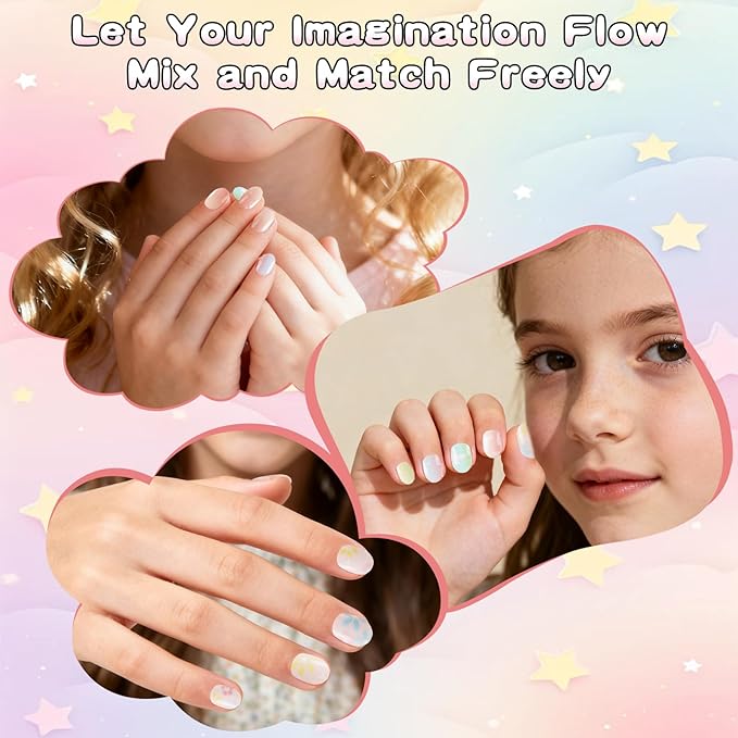 SIUSIO 3Pack Children Acrylic Fake Nails, 72pcs Press on Full Cover Gradient Color Rainbow Short False Nail Art Kits Set with Sticker Tabs Nail Glue Gel for Kids Little Girls Women - Rainbow Nebula