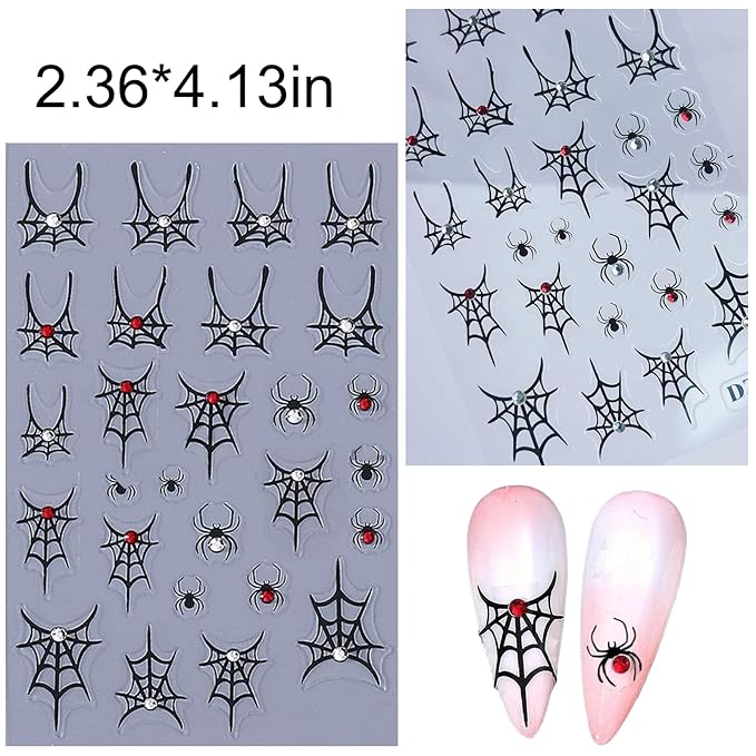 SILPECWEE 6 Sheets Halloween Nail Art Stickers, 3D Metal Nail Stickers Diamond Spider Web Nails Art Design Decal Manicure Sticker for Women Girl DIY Holiday Decoration