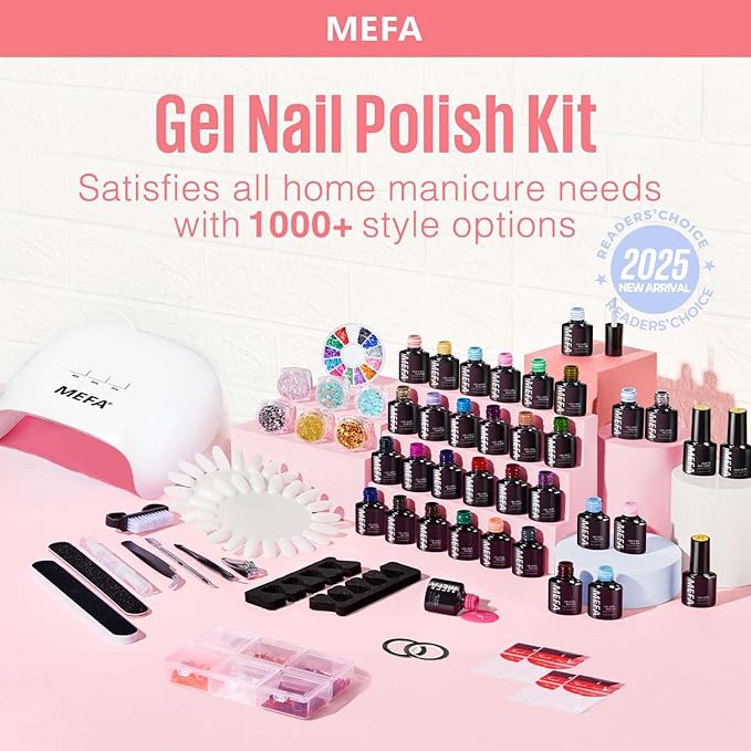 MEFA 60 Pcs Gel Nail Polish Kit with U V Light, 32 Colors Popular Soak Off Nude Pink Red Gel Polish Nail Set with Matte/Glossy Gel Top Base Coat Manicure Tools Nail Art Decorations DIY Salon