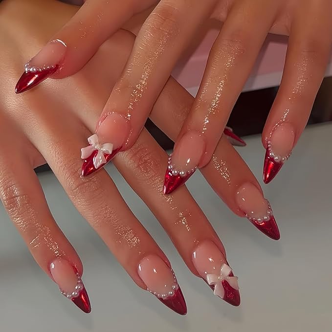Medium Press on Nails Almond Fake Nails French False Nails Red Artificial Nails with White Bow Designs Stick on Nails for Women 24pcs