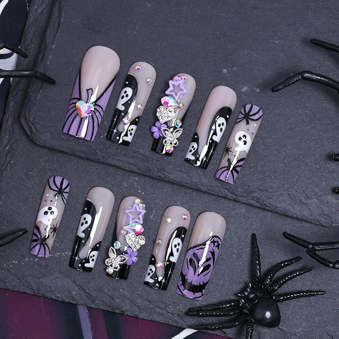 24Pcs Halloween Press on Nails Long Square French Tip Fake Nails with Purple Gothic Ghost Pumpkin Design Cute Flower Butterfly Star Gems False Nails Full Cover Artificial Glue on Nails for Women DIY