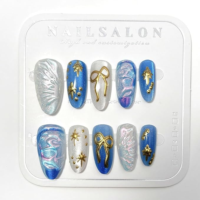 30Pcs Handmade Press on Nails Ocean Shell Holographic Fake Nails with 3D Gold Beads Starfish Bow Pearl Designs Medium Almond False Nails Glossy Full Cover Artificial Acrylic Nail for Women