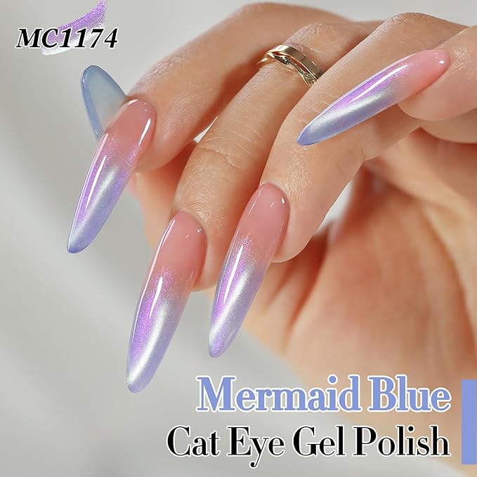 Double Rhythm 0.5 Oz Cat Eye Gel Polish with Magnet Same Color Same Bottle Holographic Glitter Shimmer Translucent Color Salon 15 ML Magnetic Nail Art (Mermaid Blue-MC1174)