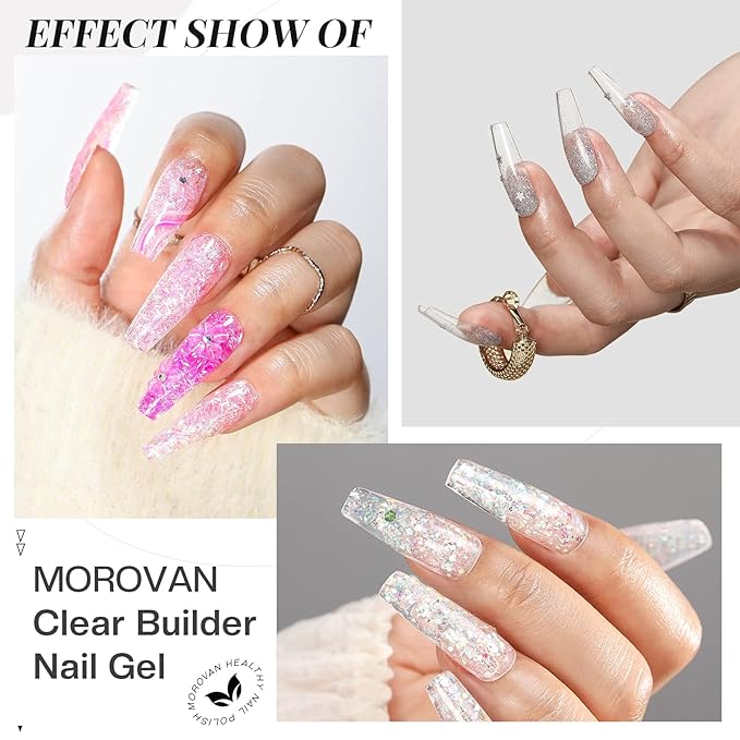 Morovan Clear Builder Gel for Nails: UV/LED Hard Gel Kit - 2oz Strong 3D Sculpting Extension Strengthen Professional Art Manicure Set with Forms & Brush Supplies