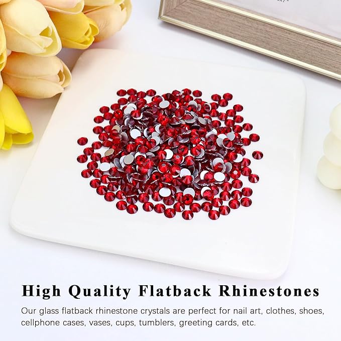1440PCS SS6 Crystal Glass Flatback Rhinestones, Round Flat Back Crystal Gems for Nail Art and Craft Clothes, Glue Fix Diamond Stones Siam/Dark Red (1.9-2.0mm)