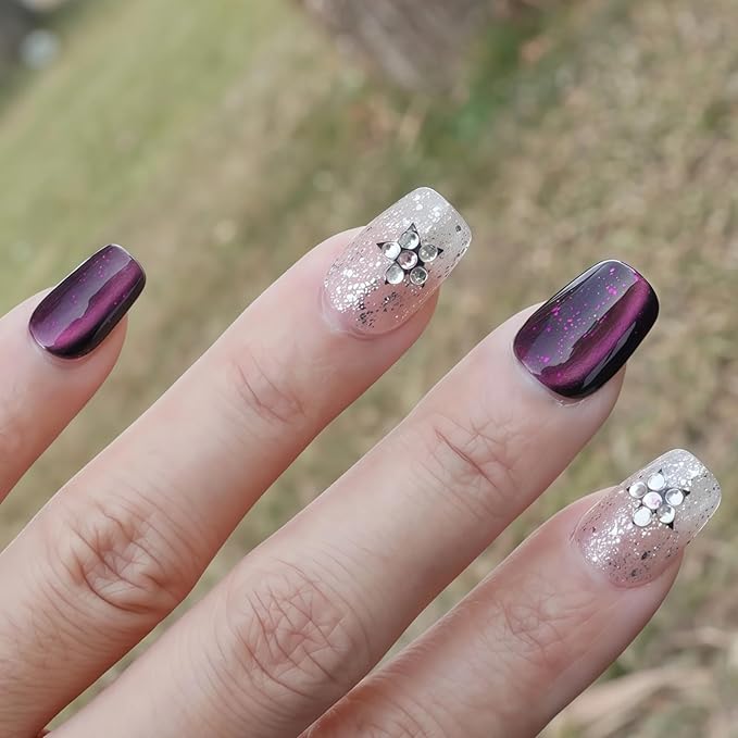 Neon Press on Nails, Short Coffin Handmade Acrylic Cat Eye Pink Purple Glitter Gradient with 3D Silver Stars & Rhinestone Flowers (Gemstone Starry Night,S)