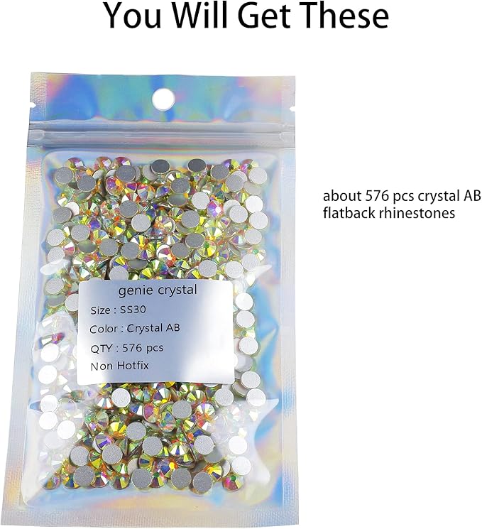 Genie Crystal ss30 Crystal AB Glass Rhinestones,576 Pcs 6.4mm Flatback Rhinestone Gems Diamond Stones for DIY Crafts, Tumblers,Mug, Nail Art, Makeup, Dress, Shoes