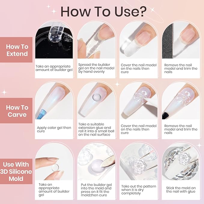 Solid Builder Gel for 3D Nail Art Gel Non-Sticky Hand 3D Sculpture Nail Gels Clear Hard Gels for Nails Extension Carving Modeling Nails Art Polish, Clear White Nude 3 Colors
