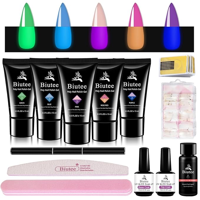 Glow in the Dark Poly Gel Nail Kit, Biutee 5 Colors Neon Poly Nail Extension Gel Builder Gel Manicure Kit for Nail Art Starter Kit
