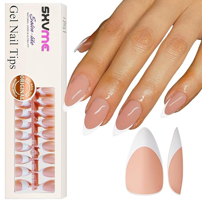 Gel French Tip Nails Medium Almond French Tip Press on Nails SXVME White French Nail Tips 300Pcs Pre-applied Tip Primer Natural Brown Fake Nails Extensions Gel Nail Kit for Women Girls DIY