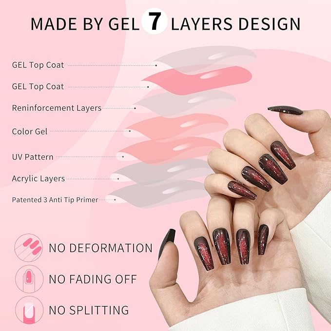 Cat Eyes Press On Nails,12 Sizes - 24 Pcs Soft Gel Dark Red Brown Medium Coffin Fake Nails Kit with Nail Glue, Natural Reusable Stick On False Nails for Women and Girls (Skycloud Nails) SK0825