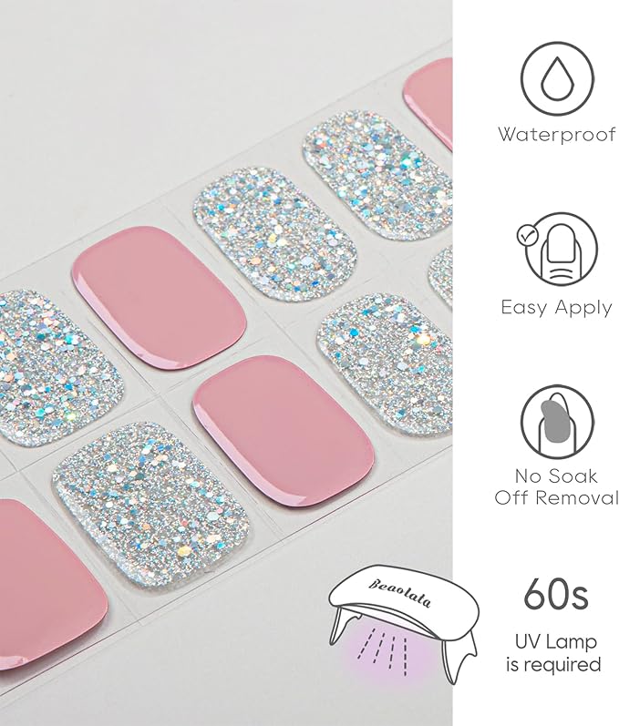 Semi Cured Gel Nail Strips - UV Light Gel Nail Stickers - 20 Long Lasting Salon Quality Wraps (Pink Peony Glitter)