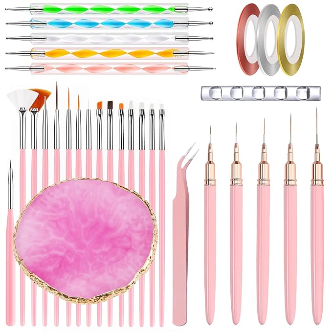 31Pcs Nail Art Tools Set, Nail Art Brushes, Resin Nail Art Palette, Dotting Tools and Liner Brushes, For Nail Art Design for Home and Salon Use