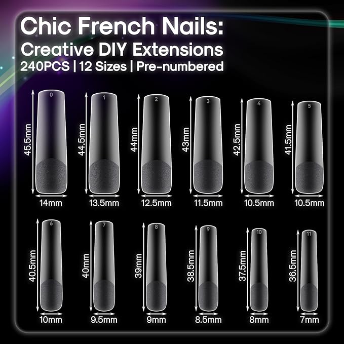 Flattened No C Curve, XXL Square Nail Tips, Full Matte Clear Half Cover Tapered Square Straight Flat Tips for Acrylic Nails Salons Home DIY Extensions(12 Sizes 240PCS)