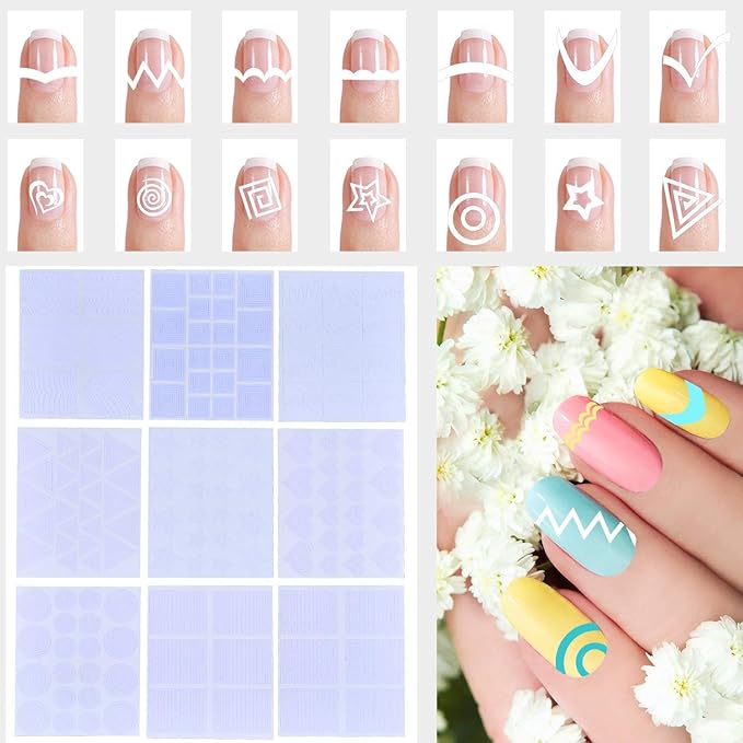 1275 Pieces 49 Patterns Designs Nail Art Stencils French TIp Guides, Self-Adhesive Manicure Art Stickers Form Fringe Guides Vinyl, 36 Sheets