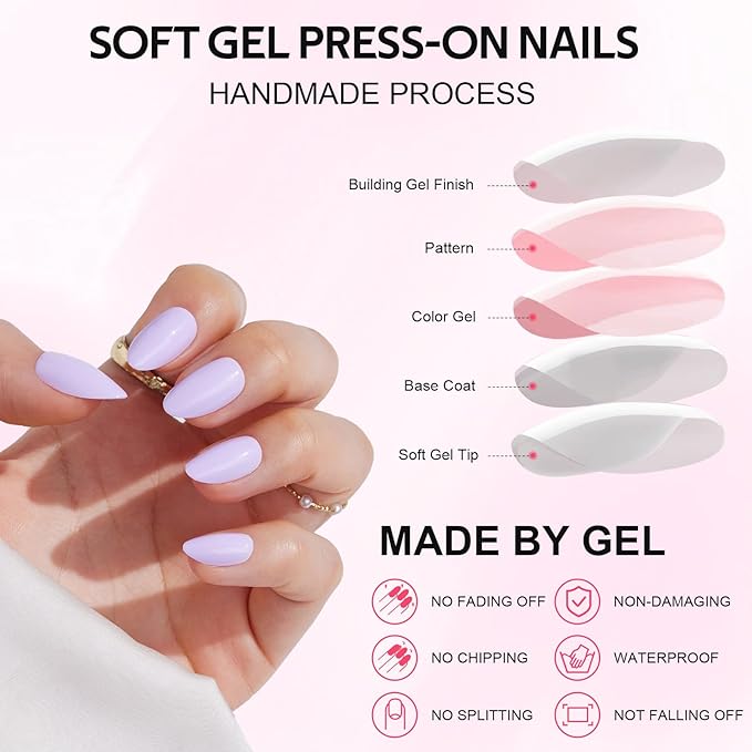 Press On Nails Short Almond - Findigit Taro Purple Press on Nails Soft Gel Stick On Nail with Nail Glue, Fit Natural Reusable Glue On Nails 16 Sizes - 32 Nail Kits Taro Purple
