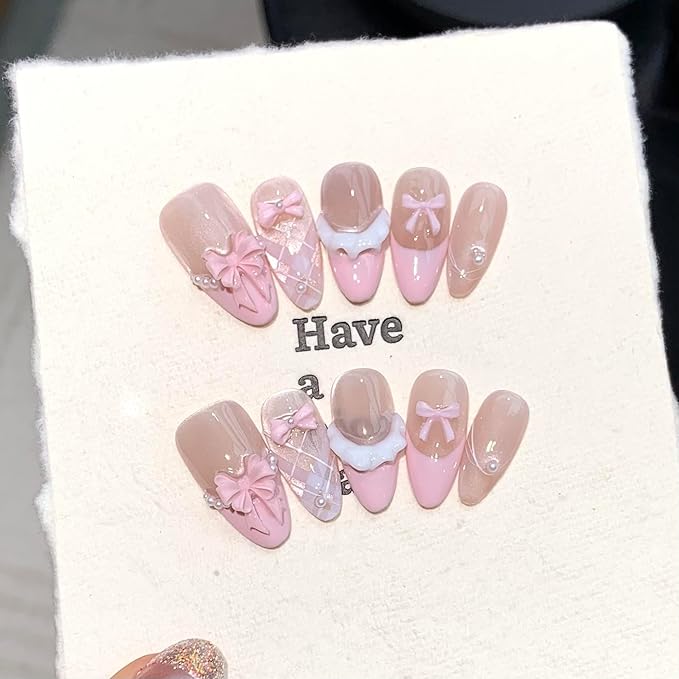 3D handmade nails press on false nails,Thick Strong Waterprooft almond pink white,pearl bow Stripes french elegant cute acrylic fake nails designed kit,10 Nails Size L #405