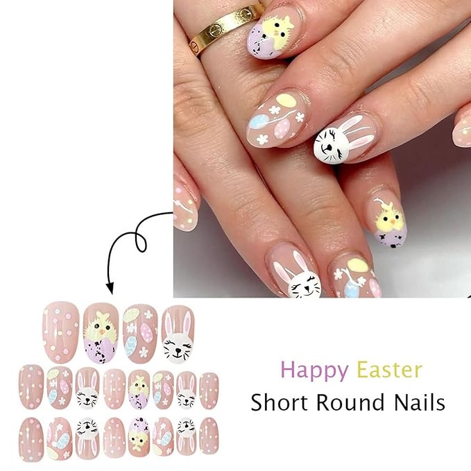 Easter Cute Rabbit Press on Nails Short Almond Fake Nail Bunny & Easter Eggs Designs Full Cover Cartoon Chick Acrylic Nails Stick on Nail for Women Nail Art Style Fingertip Manicure 24 Pcs
