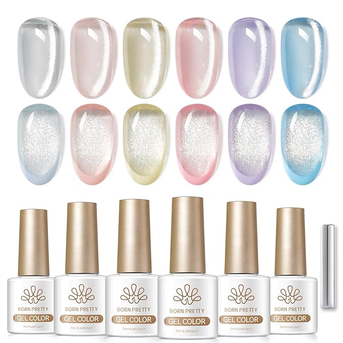 Born Pretty Spring Summer Cat Magnetic Eye Gel Nail Polish Set, 6 Colors Water Light Jelly Pastel Shimmer Glitter Glass Crystal Magnetic Gel Polish, Soak Off U V Gels for Salon DIY 7ML