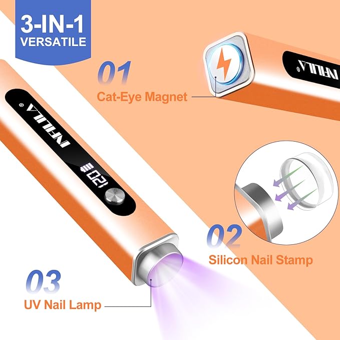 NXJ INFILILA Multi-Functional Handheld UV Light for Gel Nails with Cat Eye Magnet - Portable Flash Cure Nail Lamp for French Manicures, Detail Work, Type-C Cordless for Travel & Home Use