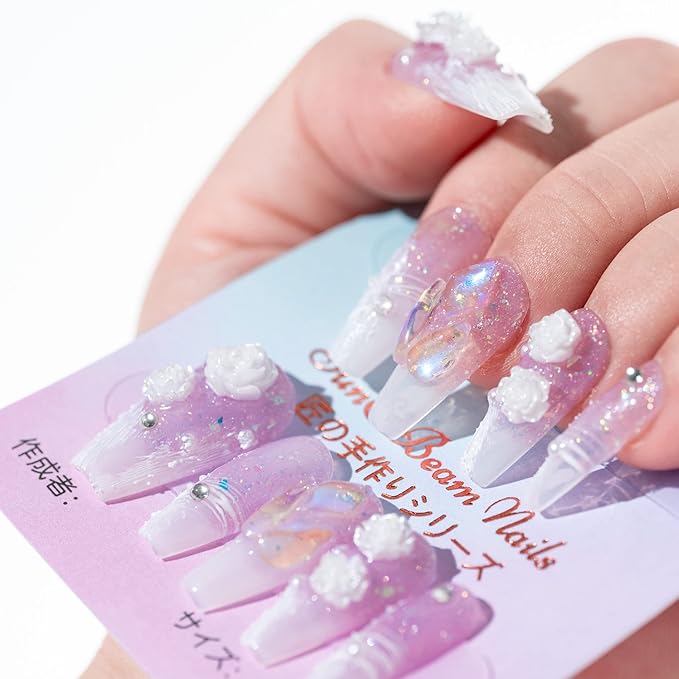 Sun&Beam Nails Handmade Press On Nail Medium Long Coffin Ballerina Purple Flower Fake Tip 3D Design Art Charms Cute with Storage Box 10 Pcs (#004 M)