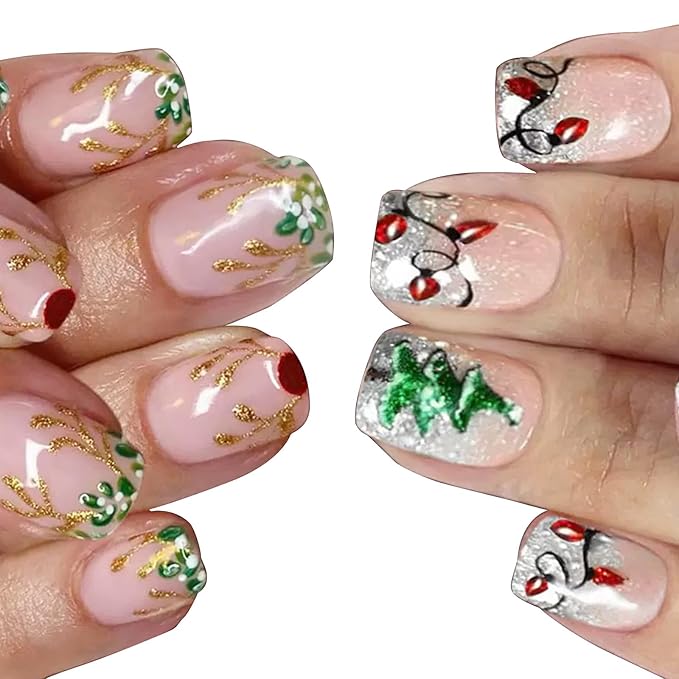 2 Packs 48Pcs Christmas Press on Nails Short Square Fake Nails Elk Antlers Acrylic Nails Christmas Glitter Designs French Ombre Nails Winter Xmas Glue on Nails Kid Set for Women Girls Decoration