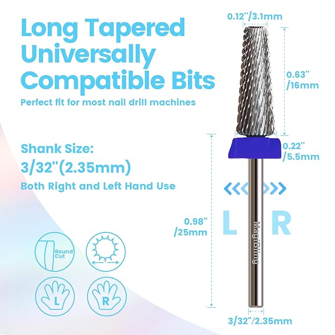 16mm 5 in 1 Tapered Barrel Nail Drill Bits, 3/32'' Safety Tungsten Carbide Bits, Right & Left Rotation, Manicure Cuticle Gel Acrylic Removal Polishing, Technicians Bits, Medium
