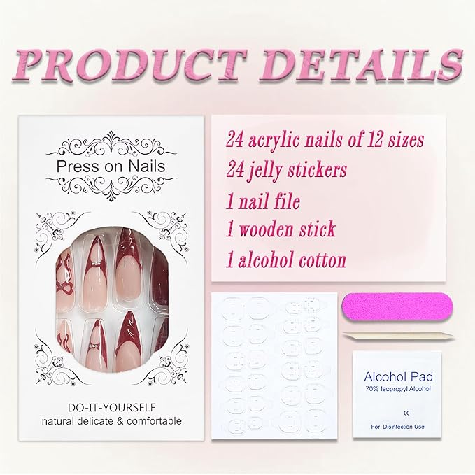 Christmas Press on Nails Long Stiletto MABKJLF Red French Tip Fake Nails 3D False Nails with Bow Ball Designs Glossy Glue on Nail Winter Full Cover Acrylic Nails for Women Girls 24Pcs