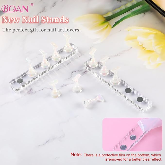 BQAN 2 Set Nail Holder for Painting Nails, Transparent Acrylic Nail Stand for Press on / Fake Nail Tips Training / Nails Display with 96 Pcs Reusable Adhesive Putty