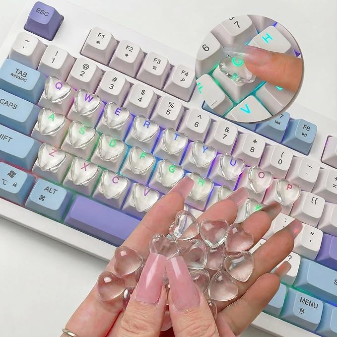 60pcs Keyboard Bubbles for Long Nails, Ergonomic Height Raised Glass Heart Key Covers, No-Residue, Reusable, Keyboard Stickers for Desktop Keyboards, External Keyboards, Calculator