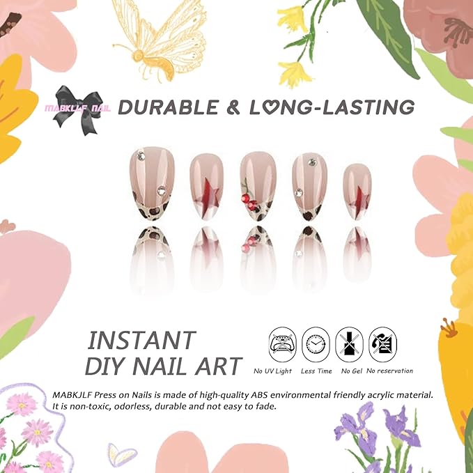 Almond Press on Nails Short Length MABKJLF French Tip Fake Nails False Nails with Stars Leopard Print Rhinestones Cute Cherry Designs Glossy Glue on Nails Stick on Nails for Women Girls 30Pcs