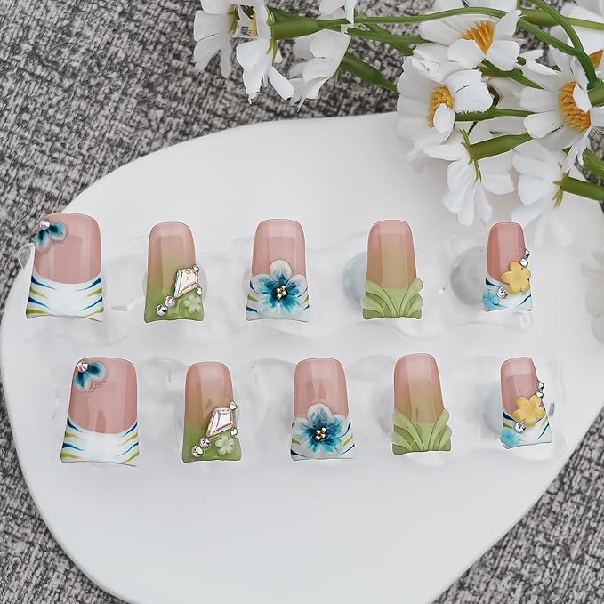 10Pcs Handmade Press on Nails Short Duck Nails Press ons Green French Tip with 3D Floral Rhinestone Design Stick on Nails for Women Nails Art (Whisper in Blush & Mints,M)