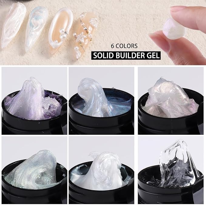 Solid Builder Gel Kit, 6 Colors Non Sticky Hand Hard Gels for Nails Iridescent Pink Clear 3D Sculpting Gel with Silicone Carving Pen Flowers Mold Pearly Polish Manicure Salon Supplies