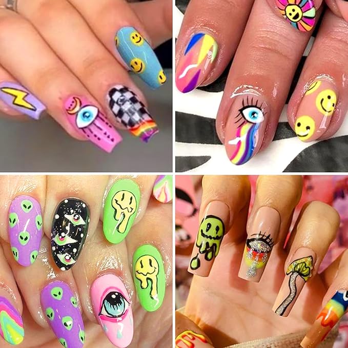 12 Sheets Abstract Smiling Face & Evil Eye Nail Art Stickers, Summer 3D Funny Dripping Melting Smile Self-Adhesive Designs Nail Decals