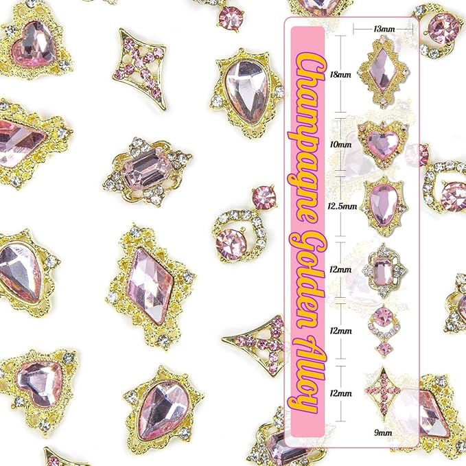 24pcs Pink Luxury Nail Charms +2000pcs Rhinestones 3D Big Nail Gems K9 Glass Nail Crystals Diamonds Jewelry Stones Alloy Nail Art Studs Decor Supplies Heart Charms for Arylic Nails DIY Crafts