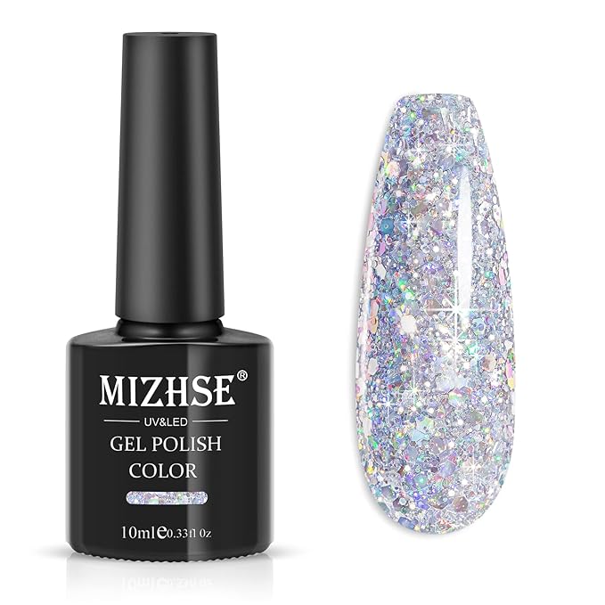 MIZHSE Silver Glitter Gel Polish, Sparkly Shiny Diamond Shimmer Soak off UV LED Gel Nail Polish for Nail Art Salon Home DIY Manicure 10ml