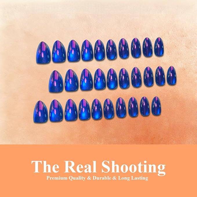 Chrome Royal Blue Press on Nails Short Almond, Glazed Cute Fake Nails with Sparkle Mirror Design, Cat Eye Glitter Glue on Nails Stiletto, Gel Nail Press ons with Glue for Fingernail 30 Pcs