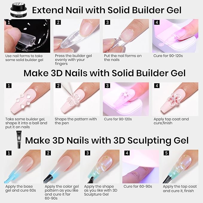 MIZHSE 30g Solid Builder Gel for Nails and 15g 3D Nail Gel, Clear Hard Sculpting Gels for Nails Art Soak Off U V LED Builder Gels for Salon Home DIY Woman