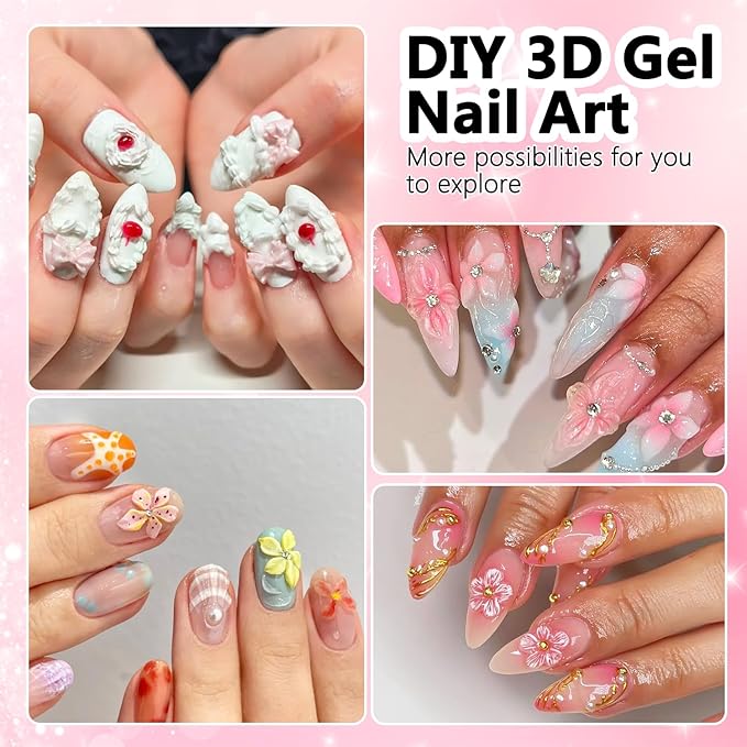 3D Gel Nail Art for Nails Starter Kit: 15ML Clear and White 3D Sculpting Gel with 3PCS Silicone Flowers Nail Charm Molds Gold Silver Chrome Powder Ombre Sponges Salon Supplies DIY Manicure