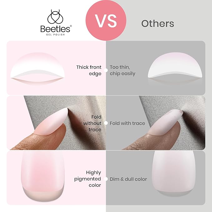Beetles Ombre Press On Nails 224 Pcs Short Almond Ombre Pink Gel Nail Tips 4 in 1 Press On Nails Pre-Applied Primer and Base Coat, No File Need DIY Manicure Easy False Nail Tips for Nail Extension