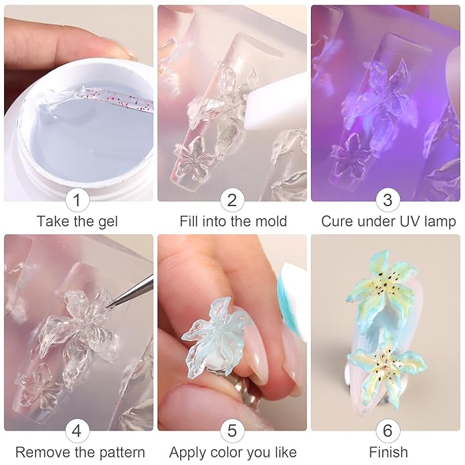 3D Sculpting Gel for Nail Art, 30g Clear Solid Builder Gel Non-Stick Hand Extension, Molding for Nails with Flower Nail Mold & Carving Pen, Professional Manicure Salon Supplies